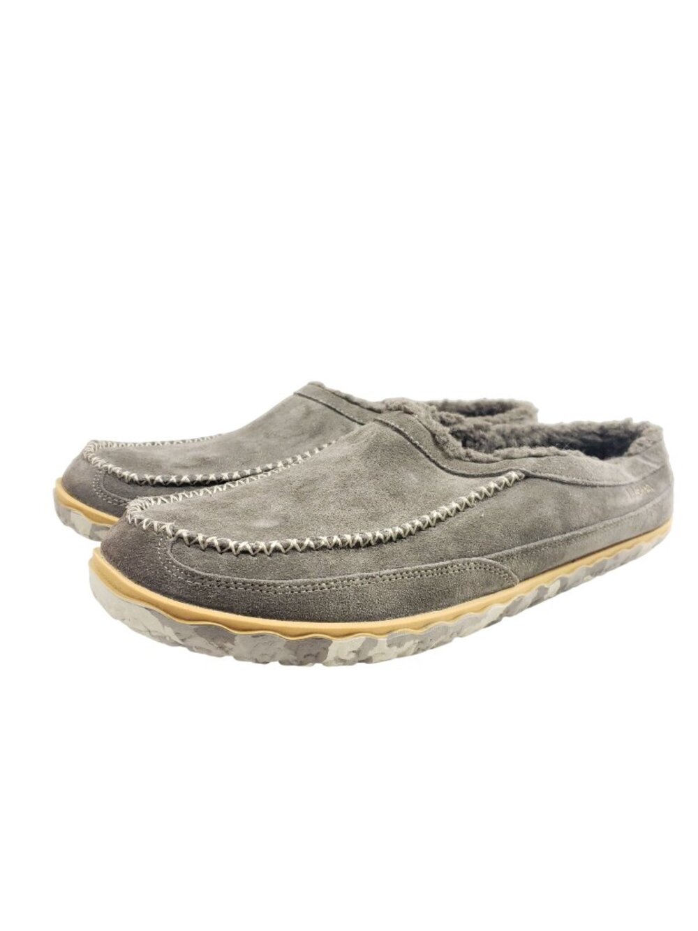 L.L. Bean Mens Size 13 Mountain Slippers Suede Moccasin Gray Faux Fur Lined